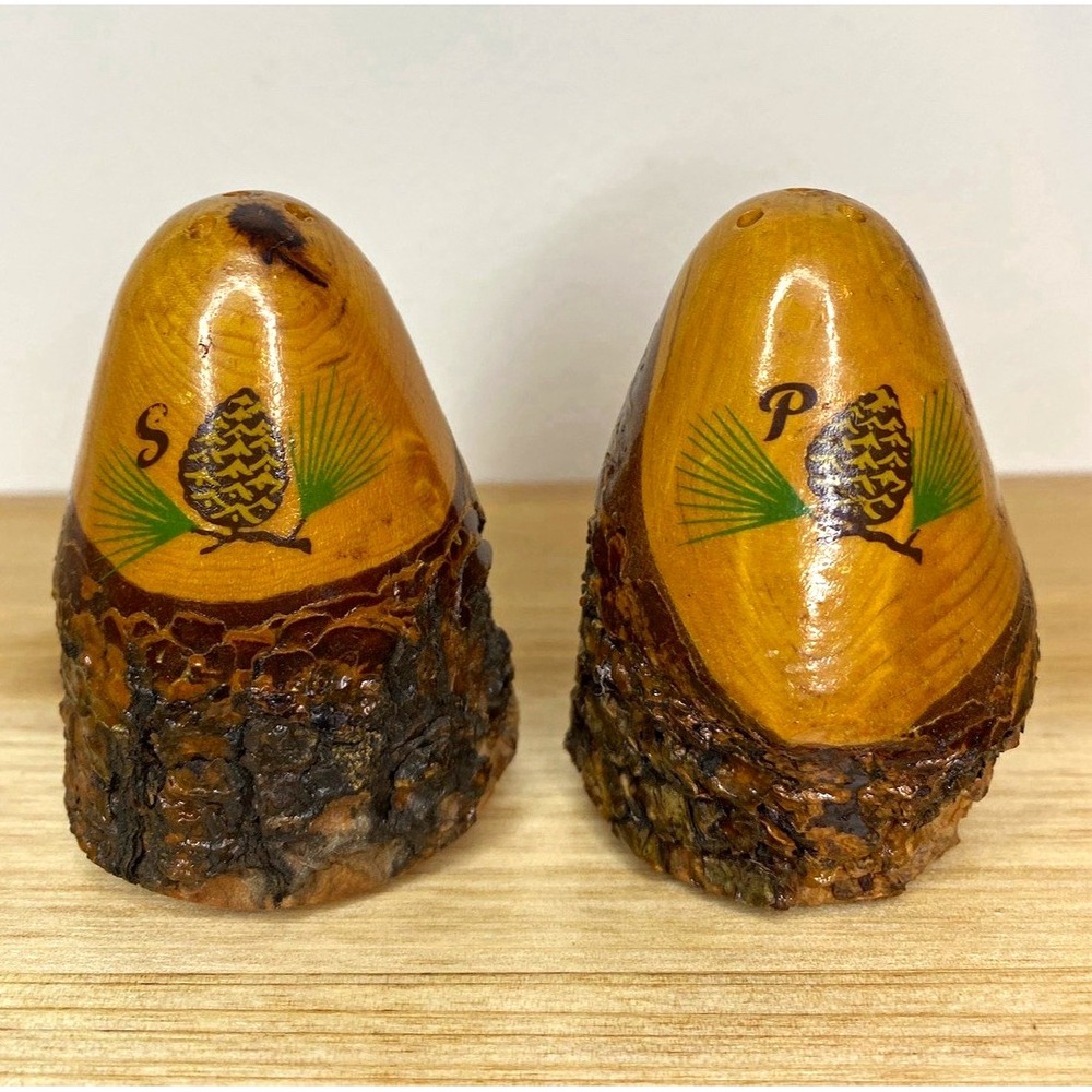 Vintage Rustic Hand Painted Wood Pinecone Salt & Pepper Shakers Set 3 in